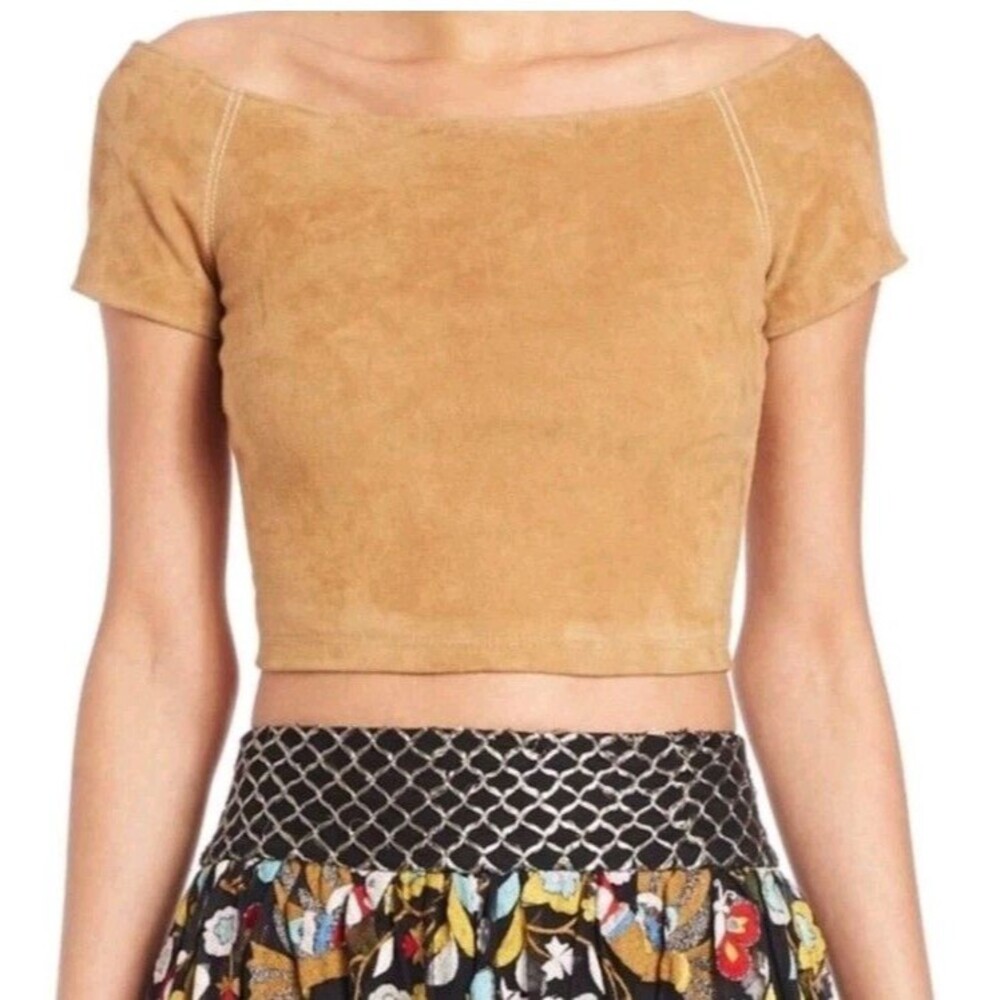 Alice + Olivia Gracelyn Suede Off Shoulder Crop Top Tan Size 4 $495 Lamb Leather - Picture 4 of 12
